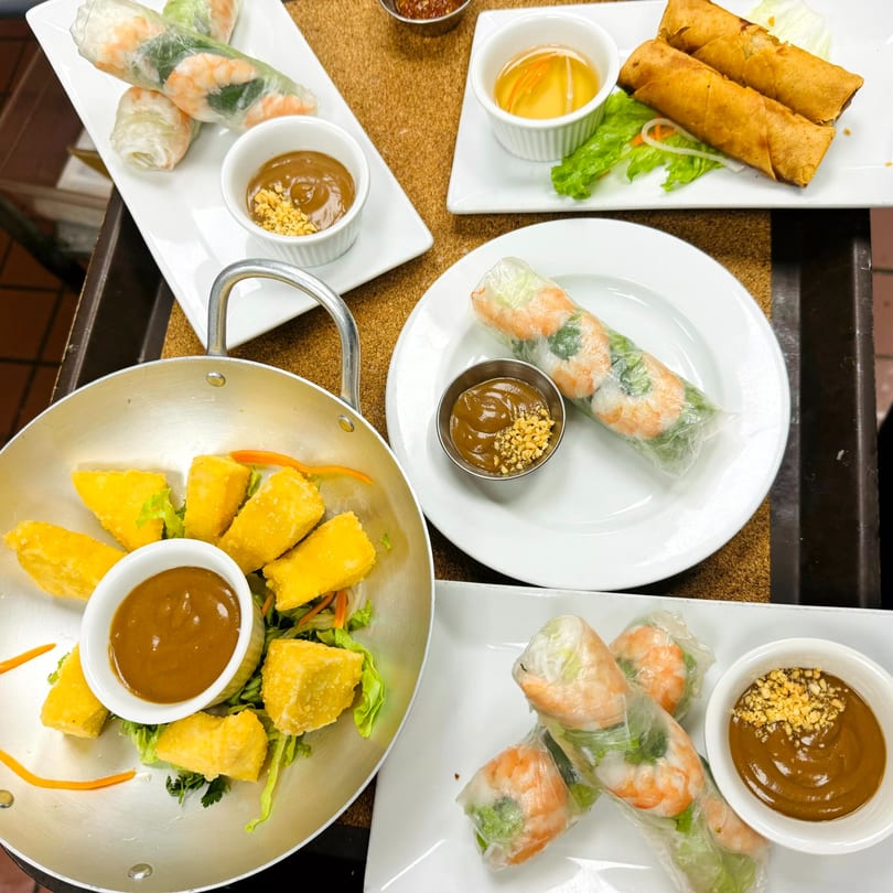 An overhead view of various Vietnamese appetizers, including spring rolls, egg rolls, and fried tofu.