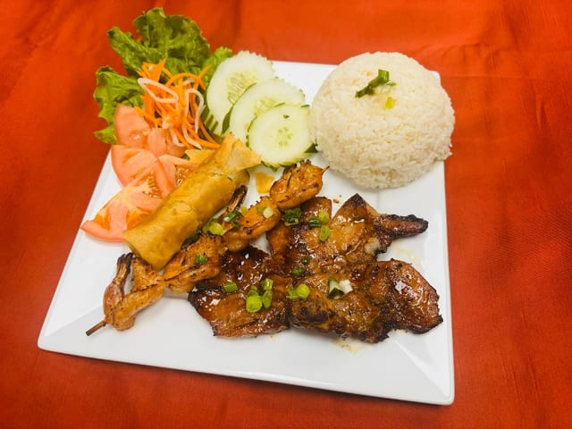 37-Grilled Shrimp, Pork Chop and Spring Roll on Rice - Com Tom Suon Cha Gio